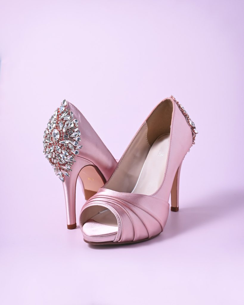 Blush Pink Open Toe Barbie Inspired Wedding Heels with Rose Gold and Silver Crystal Applique on the Back