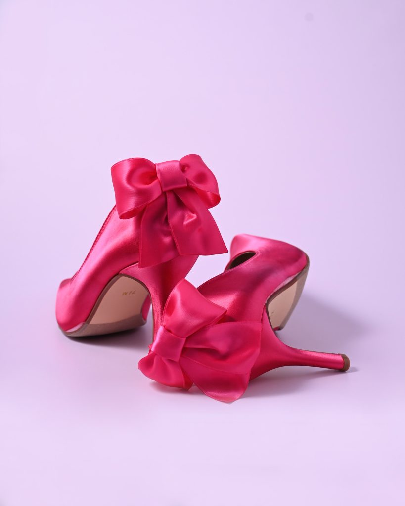 Barbie Pink Closed Toe Bridal Heels with Matching Hot Pink Bow on the Back