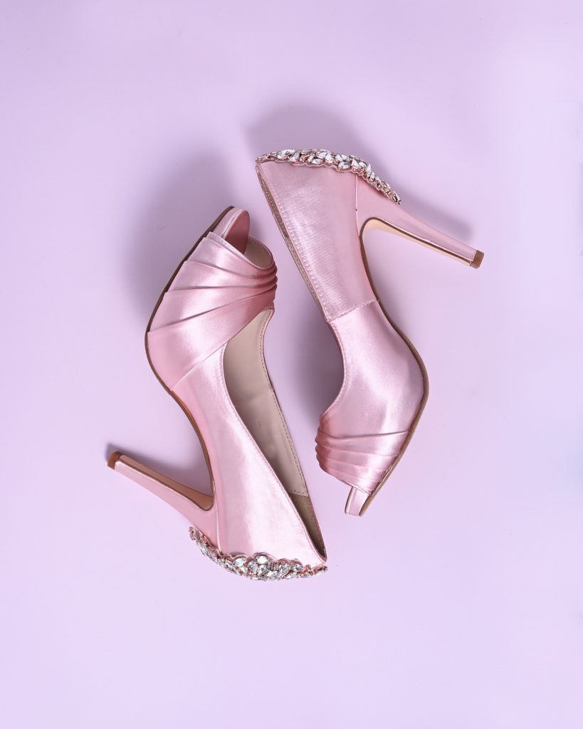 Blush Pink Open Toe Barbie Inspired Wedding Heels with Rose Gold and Silver Crystal Applique on the Back