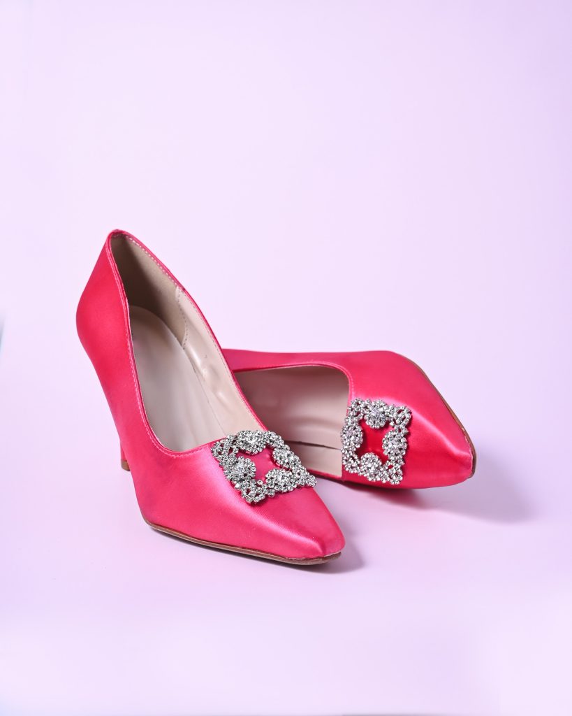 Barbie Pink Closed Toe Bridal Heels with Silver Crystal Square Brooch on the Toe