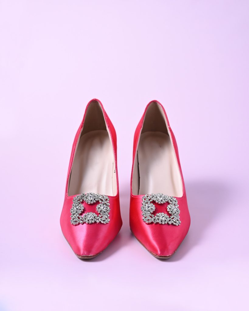 Barbie Pink Closed Toe Bridal Heels with Silver Crystal Square Brooch on the Toe