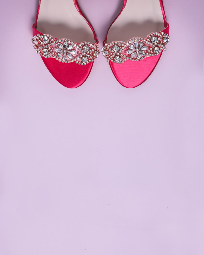 Barbie Pink Wedding Sandals with Rose Gold and Silver Crystal Band on the Toe