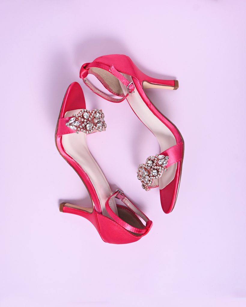 Barbie Pink Wedding Sandals with Rose Gold and Silver Crystal Band on the Toe