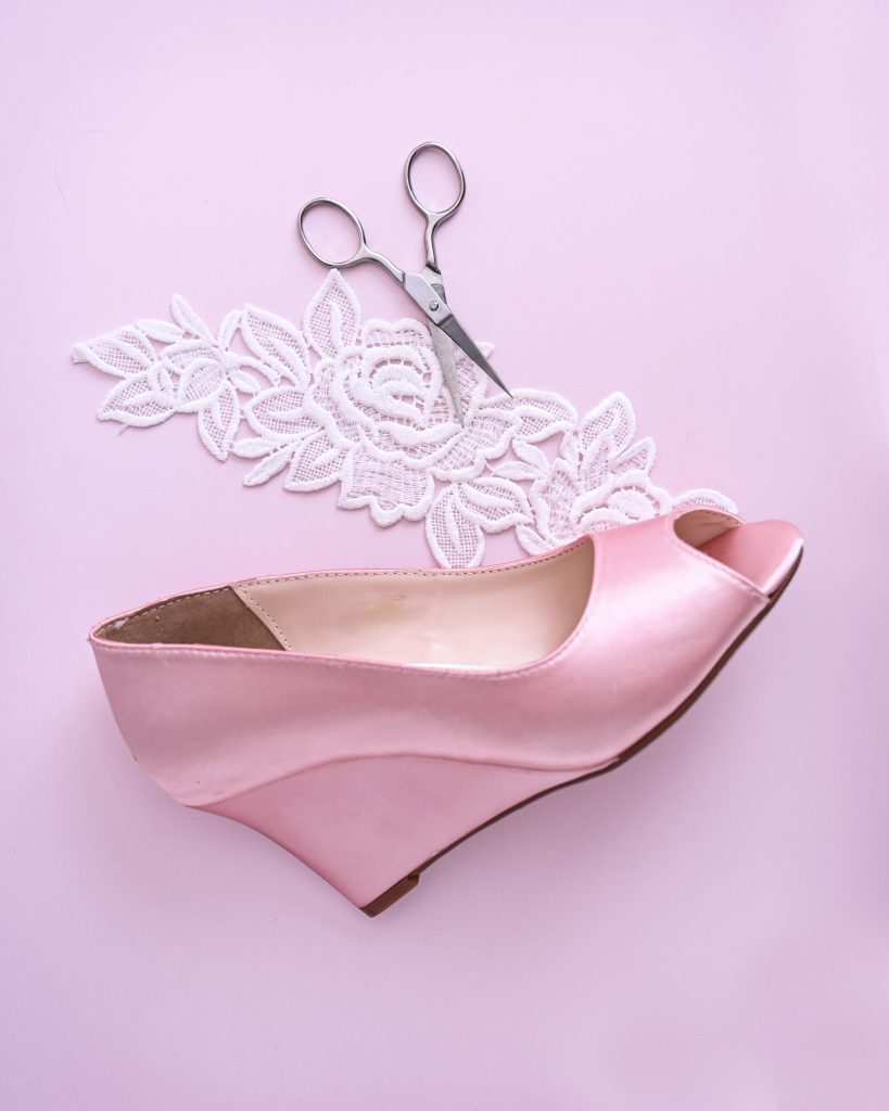 Custom Wedding Shoes: Blush Pink Wedges with Crystal Rose Applique