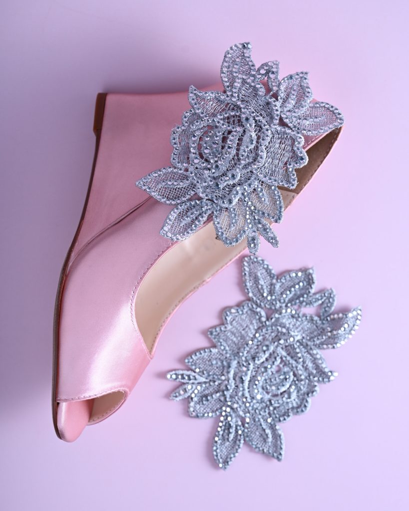Design Your Own Wedding Shoes: Blush Pink Wedges with Crystal Rose Applique