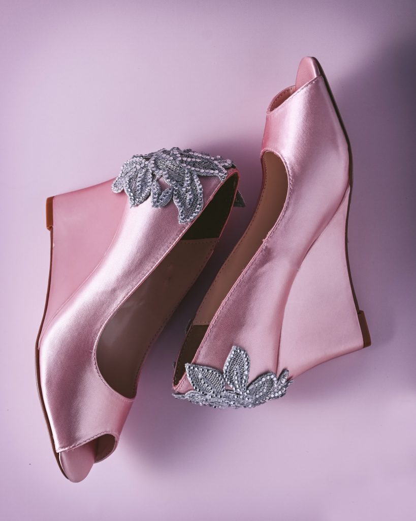 Design Your Own Wedding Shoes: Blush Pink Wedges with Crystal Rose Applique